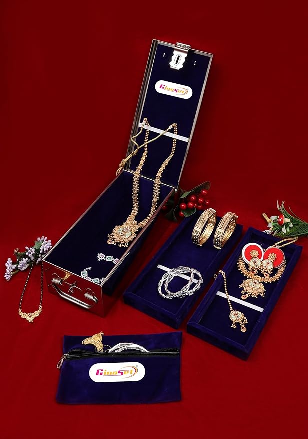 Stainless Steel Safe Bank Locker Jewellery Ornaments Storage Box with Cushion- with Velvet Lining Size-10.2 Inch (Blue)